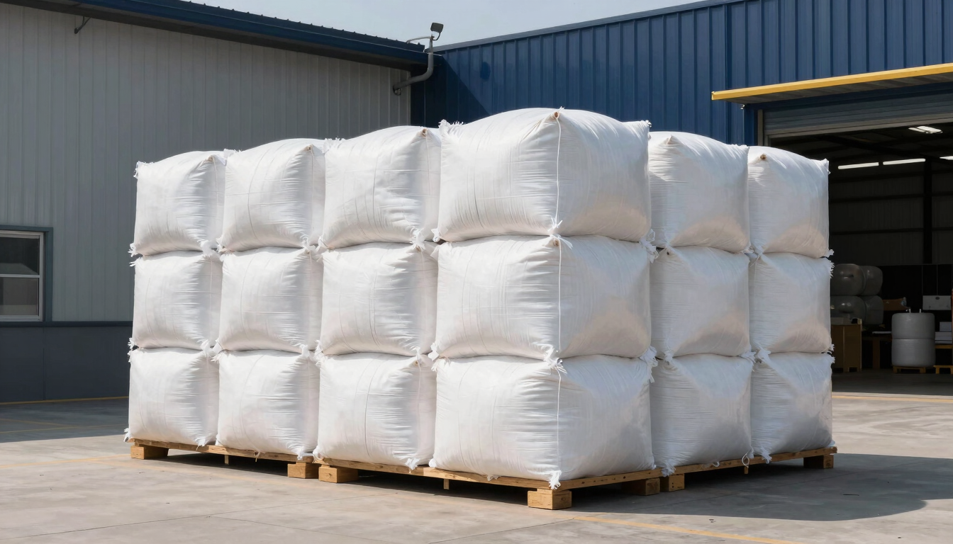 Portrait shot of raw cotton bales stacked neatly in a modern warehouse, crisp daylight illuminating the clean industrial environment, 35mm