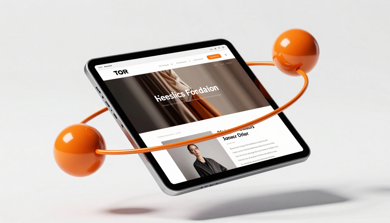 Dynamic perspective render of a floating 3D glassmorphic tablet showing a high-fidelity website interface, vibrant orange chrome geometric spheres orbiting, clean studio lighting with sharp directional shadows, white background