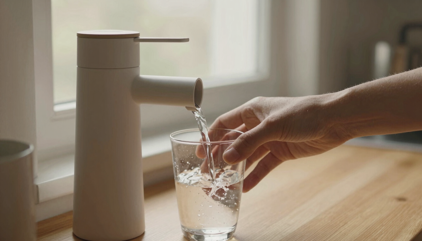 Close-up of a hand pouring fresh, pure water from a minimal Scandinavian-style dispenser into a clean glass, soft morning light filtering through a kitchen window, warm wood tones.