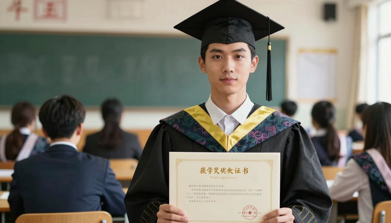 A proud graduate holding a technical certificate, direct confident eye contact, warm natural lighting, classroom setting