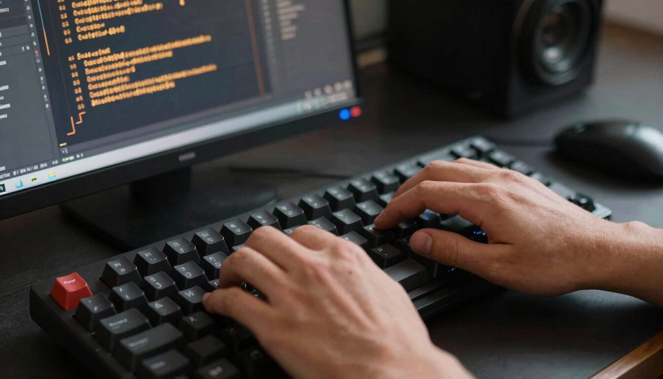 Close-up of developer hands typing on a mechanical keyboard, terminal screen reflecting amber code in a dark workspace.