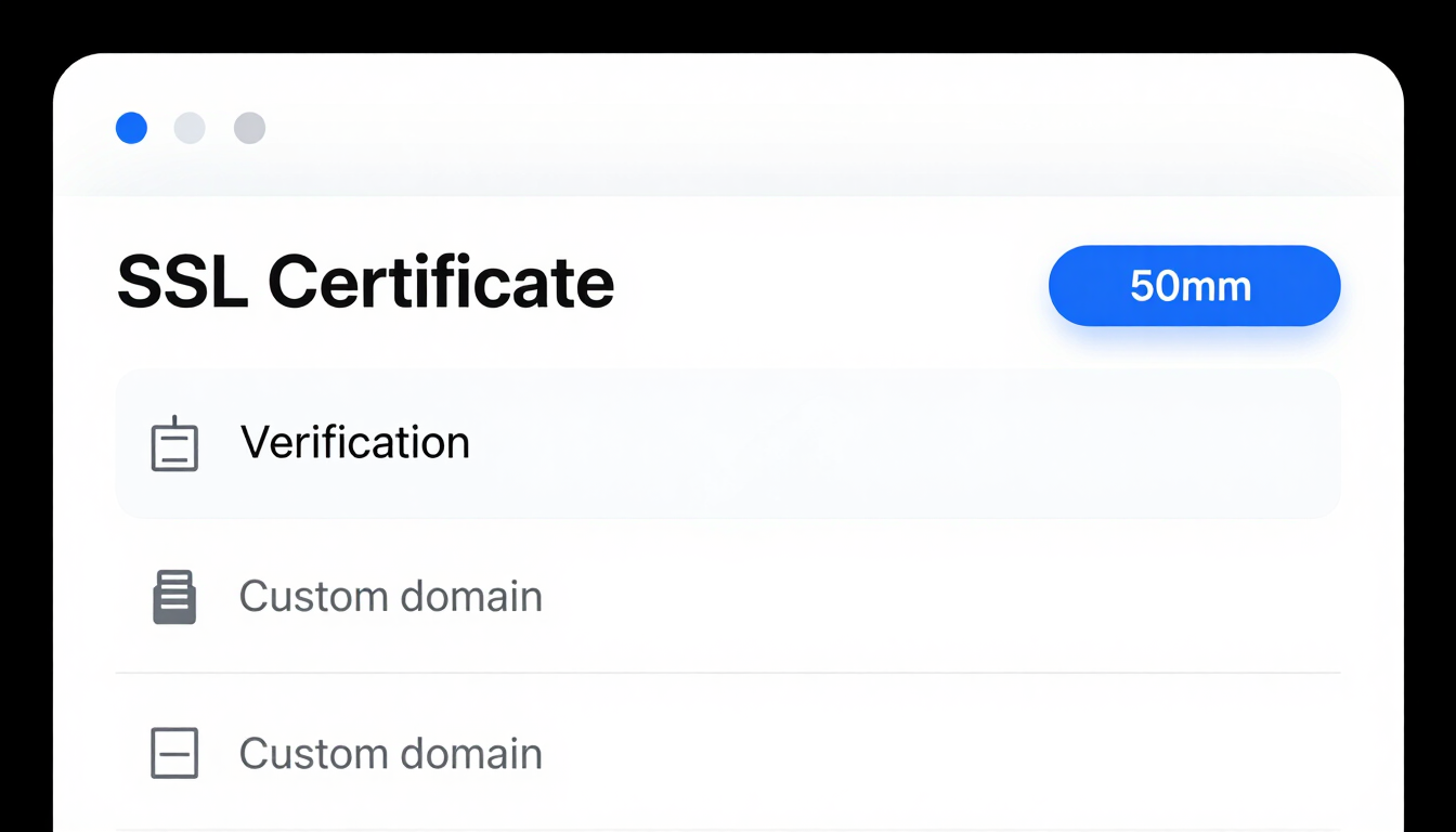 Macro close-up of a clean digital interface showing SSL certificate verification and custom domain settings, bright studio light, sharp focus.