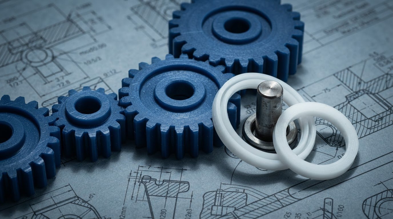 Extreme macro close-up of custom CNC-machined blue polymer gears and high-precision PTFE seals resting on a technical blueprint schematic, cool high-contrast studio lighting, sharp shadows, industrial slate tones