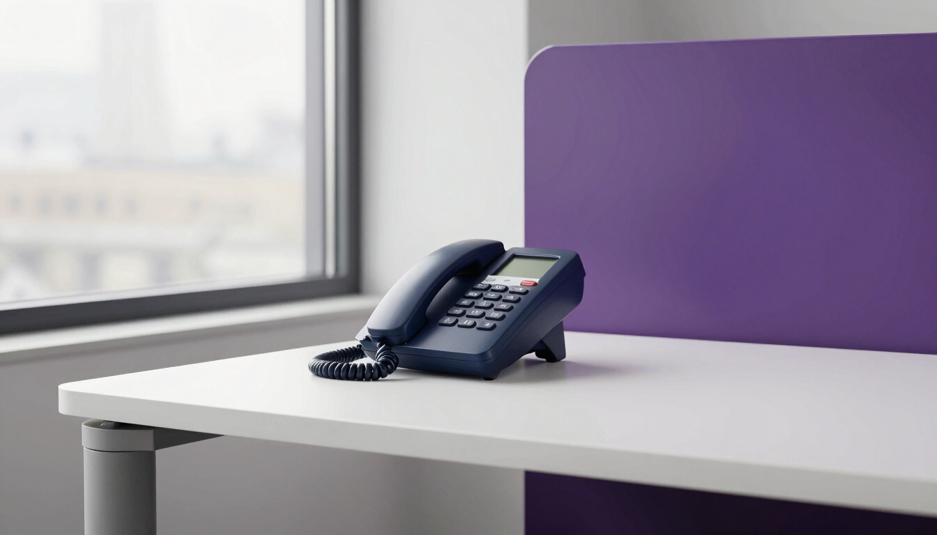 A modern London office desk with an unanswered desk phone, soft window light, clean minimalist aesthetic, 35mm photography