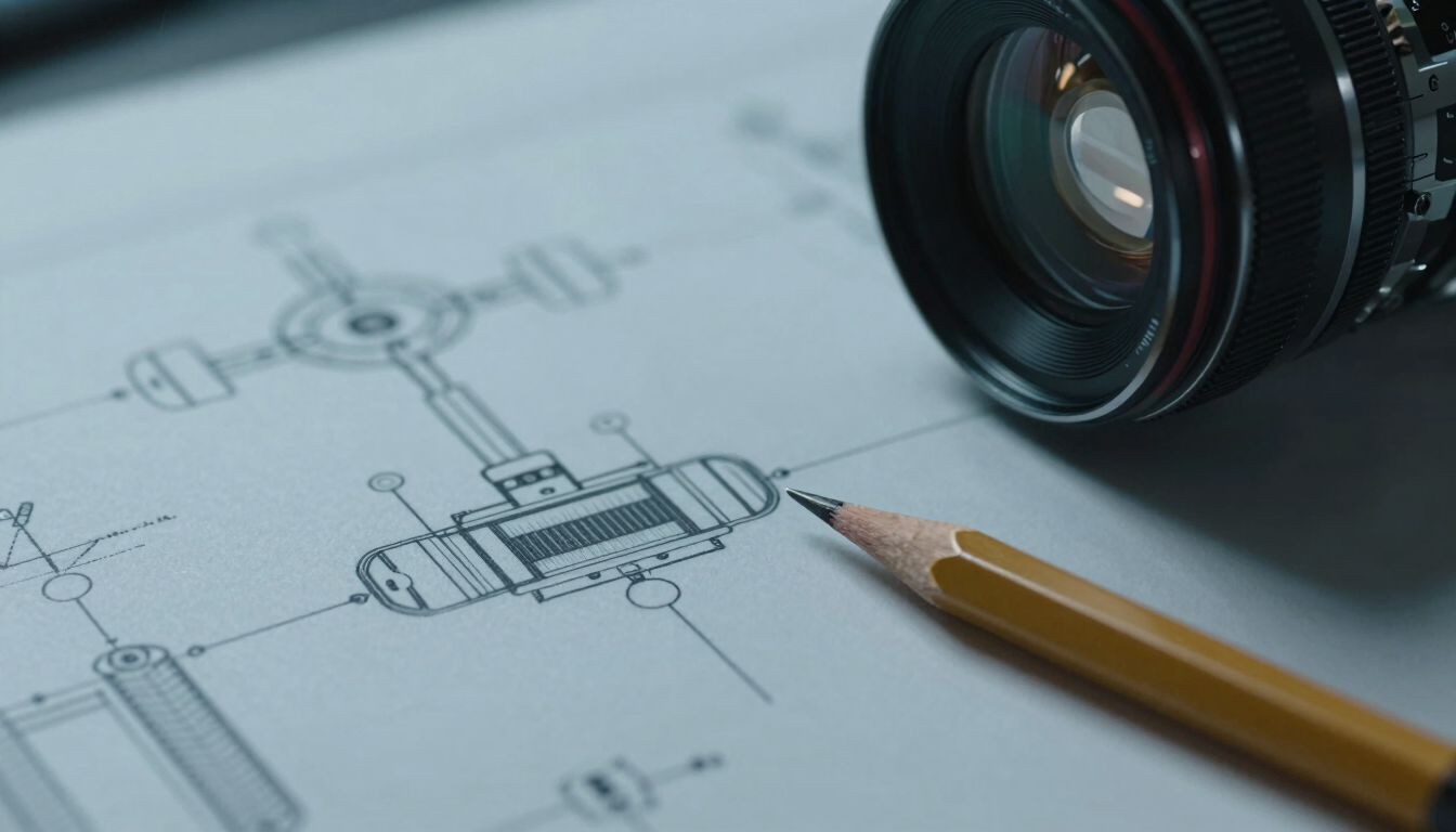 Macro close-up of high-precision technical schematics on a drafting table, cool industrial blue lighting with sharp gold pencil lines, shallow depth of field.