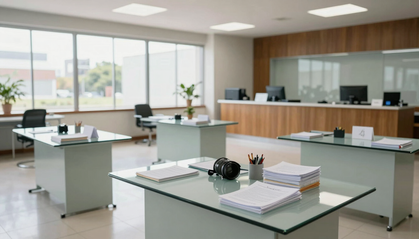Wide environmental shot of the modern, bright consular orientation space in Monterrey, clean glass tables and organized document stations under daylight.