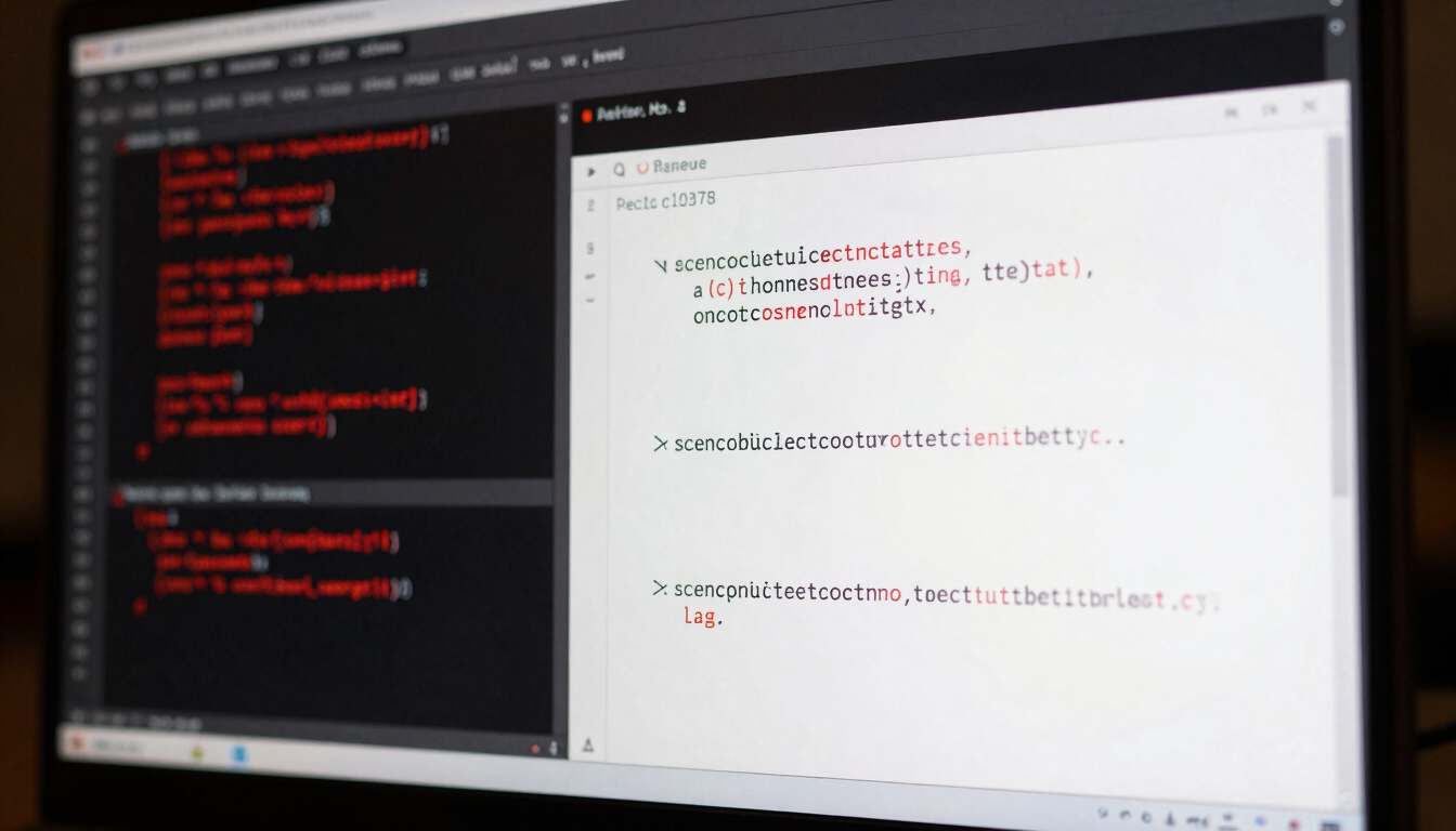 Close-up of clean econometric code in R on a screen, dark academic environment, high-contrast red highlights, sharp focus, 35mm