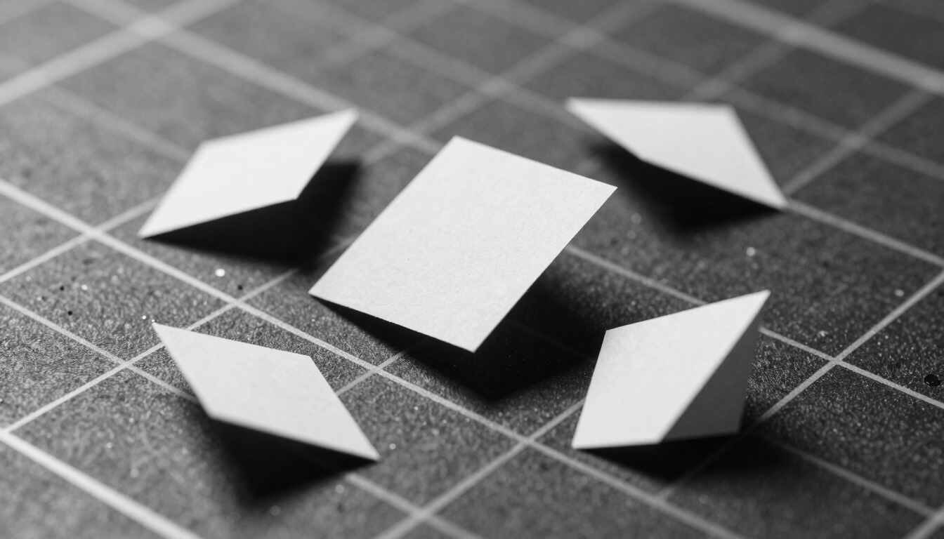 Stark brutalist photography, flat scanner-bed lighting, high-contrast monochrome, sharp macro focus of a physical metal grid with floating geometric paper shapes cast in harsh shadow.