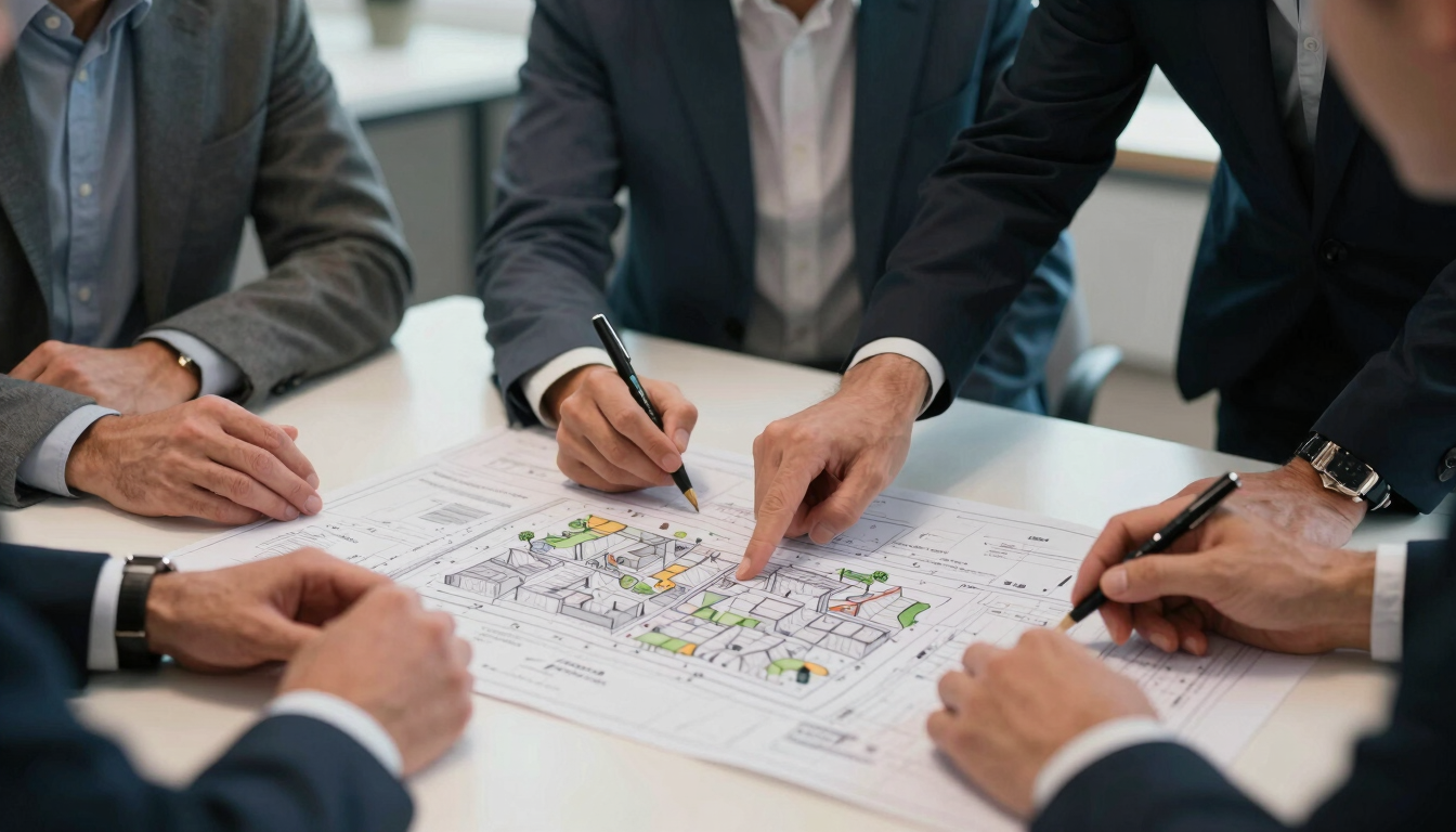 Plan serré de mains d'architectes et d'investisseurs examinant des plans d'urbanisme sur une table de réunion lumineuse, ambiance professionnelle et épurée