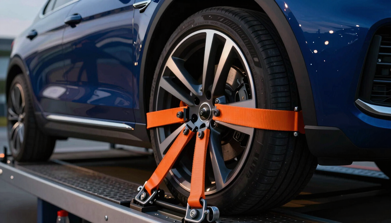 Close-up of professional car towing equipment, soft multi-point wheel straps securing a luxury car wheel on a flatbed, evening light