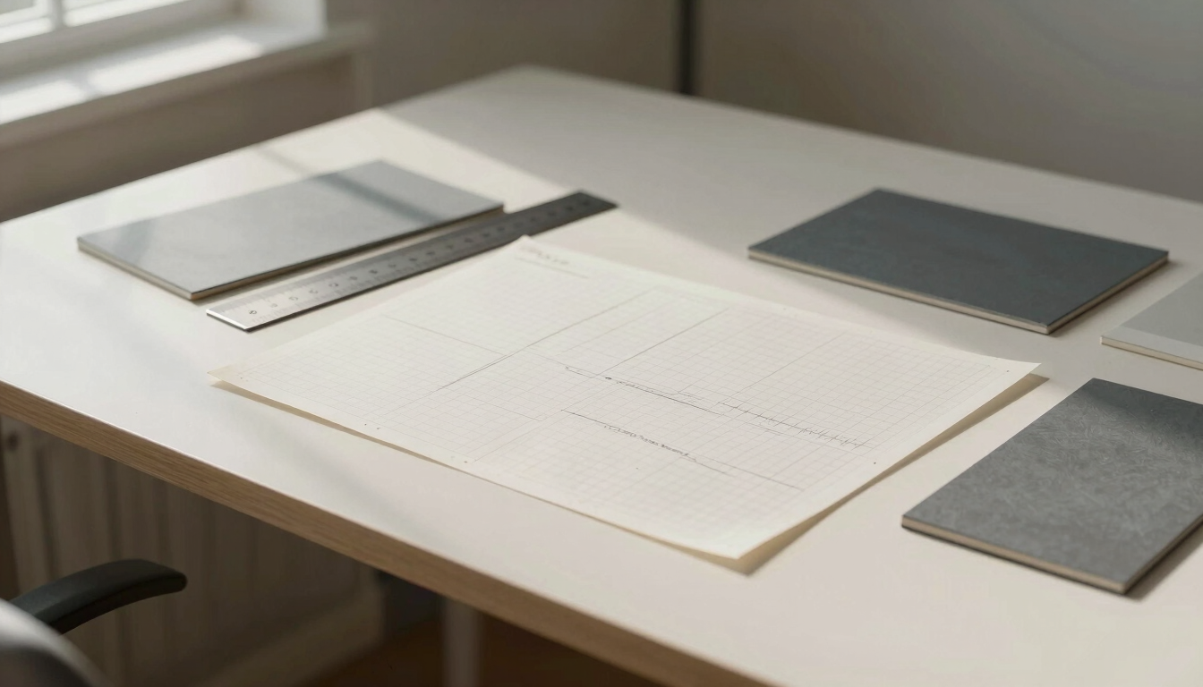 Architectural crop of a minimalist Layton design studio desk, showing technical grid paper, a metal ruler, and slate grey swatches under soft north-facing daylight.