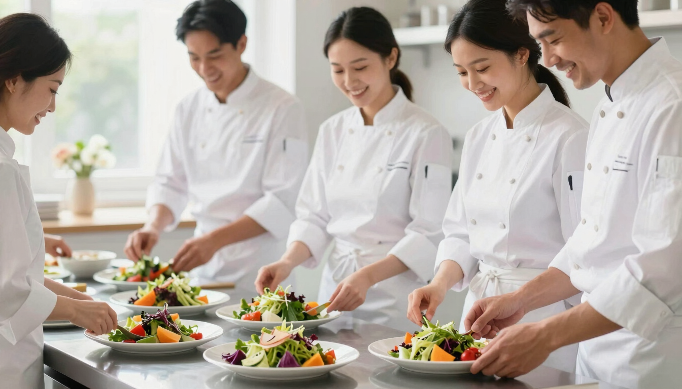 Bright editorial kitchen photography, a team of smiling professional chefs in clean white aprons arranging vibrant salad plates, natural daylight, soft focus.