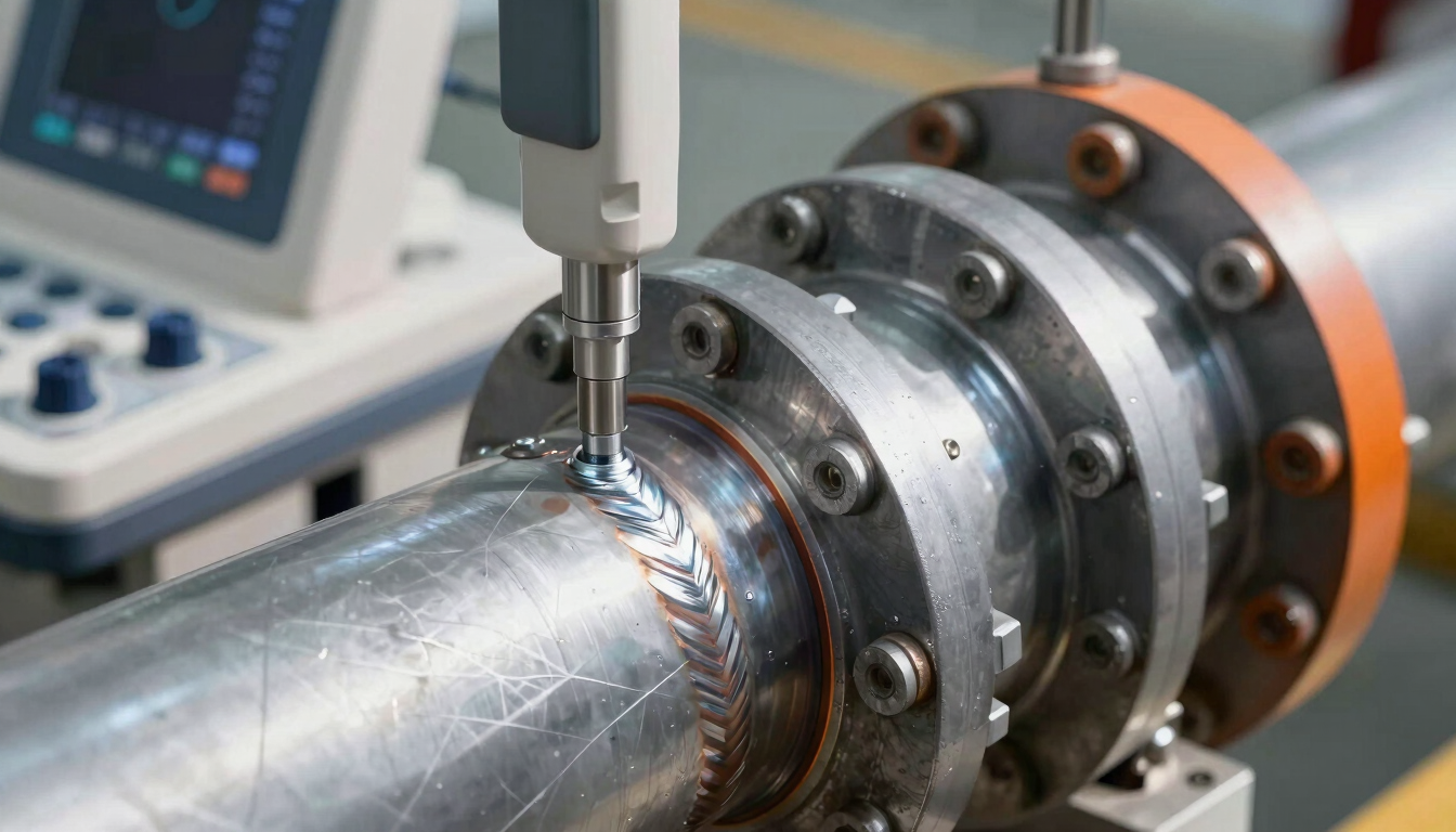 Close-up of a high-tech ultrasound testing instrument measuring a thick steel weld seam on an industrial pipeline, safety orange highlights, sharp technical details