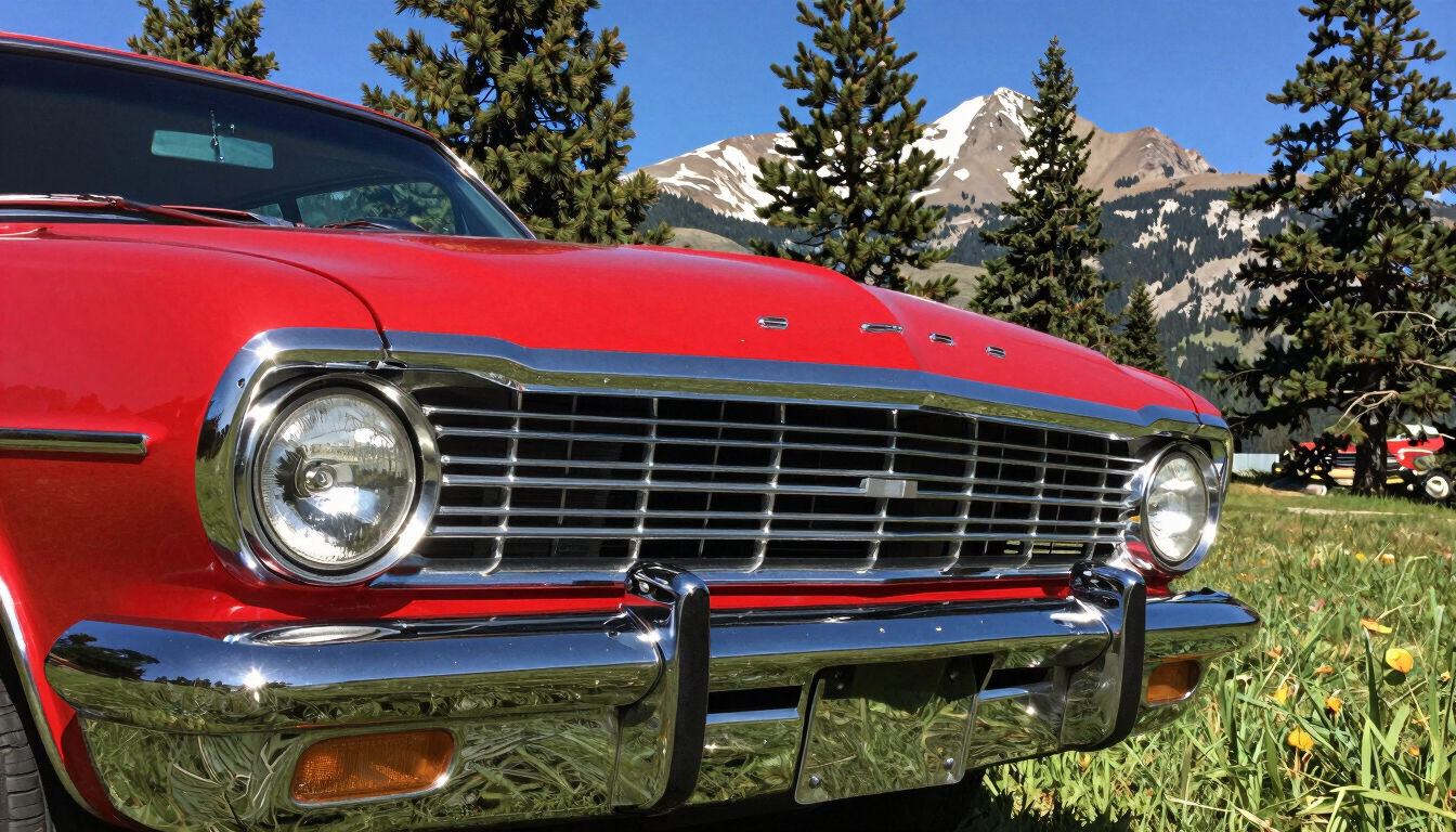 Low-angle close-up of a perfectly polished red vintage classic car's chrome front bumper and grille, reflecting the deep blue Idaho sky and towering pine trees, bright mountain daylight, 35mm.