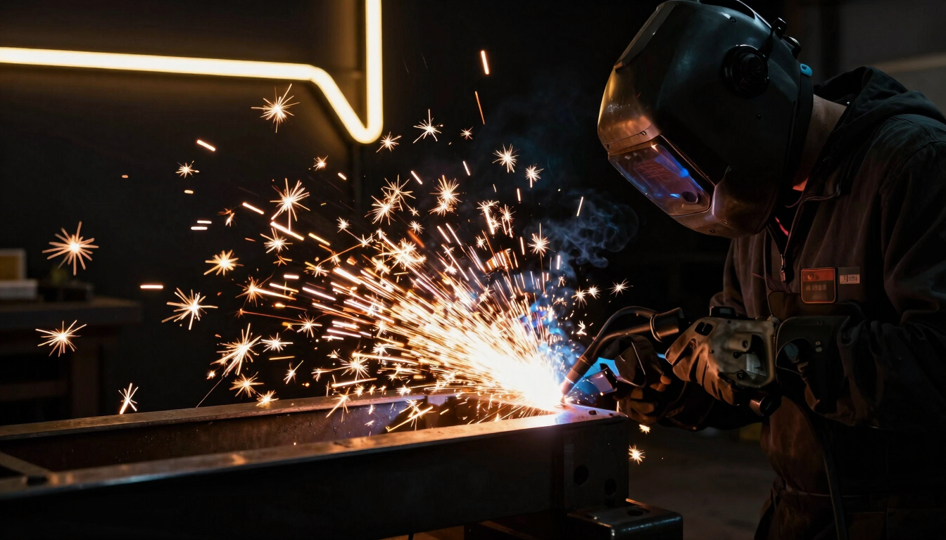 Dramatic workshop photography, bright sparks flying from a welding torch on a steel chassis, deep matte black background with warm neon glow, high contrast, cinematic 35mm