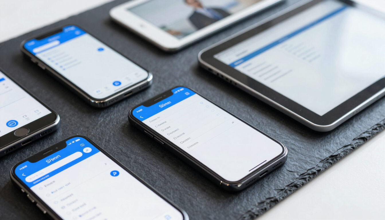 Close-up on multiple corporate smartphones and tablets neatly arranged on a dark slate desk, displaying clean security setup screens, bright cool studio lighting, 35mm