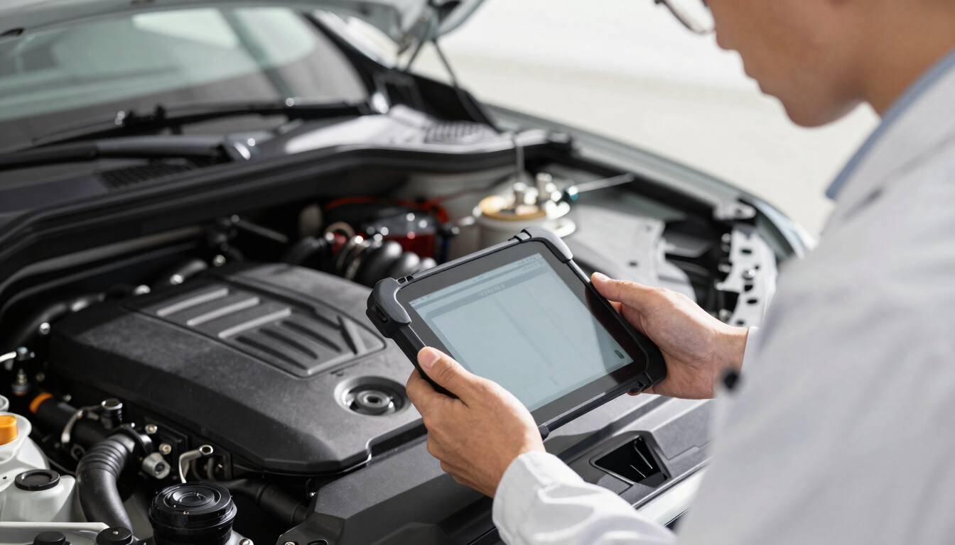 Close-up of a certified automotive expert examining a modern car's engine bay with a diagnostic tablet, crisp neutral daylight, high contrast metallic tones