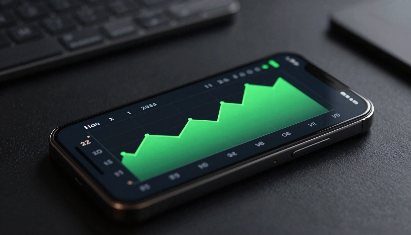 Sleek macro photography of a smartphone displaying a modern analytics dashboard, vibrant green growth chart on screen, dark workspace background, moody studio lighting.