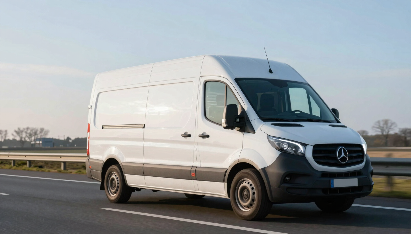 Dynamic low-angle tracking shot of a clean white refrigerated transport van driving on a Dutch highway, crisp morning daylight reflecting on the body, 35mm lens
