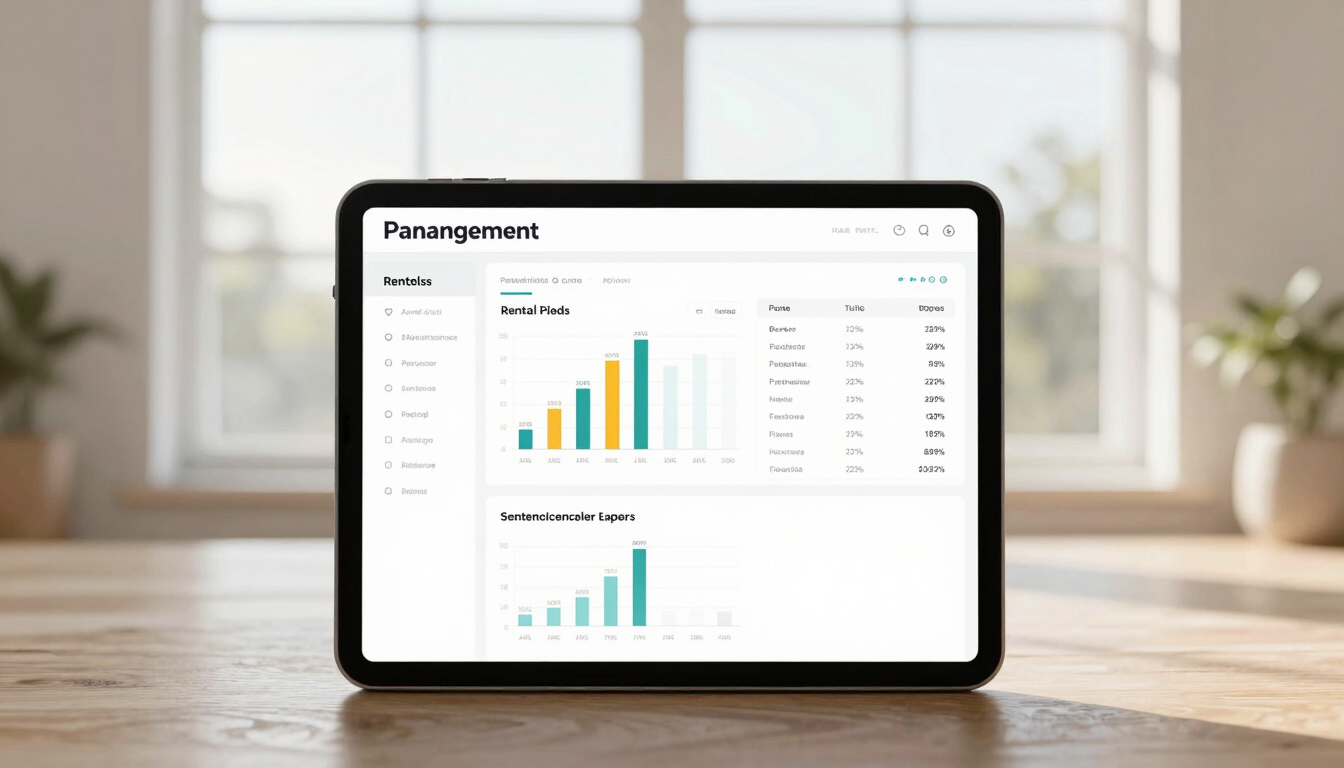 A clean modern tablet mockup displaying a property management dashboard with charts of rental yields and active maintenance requests, bright morning light
