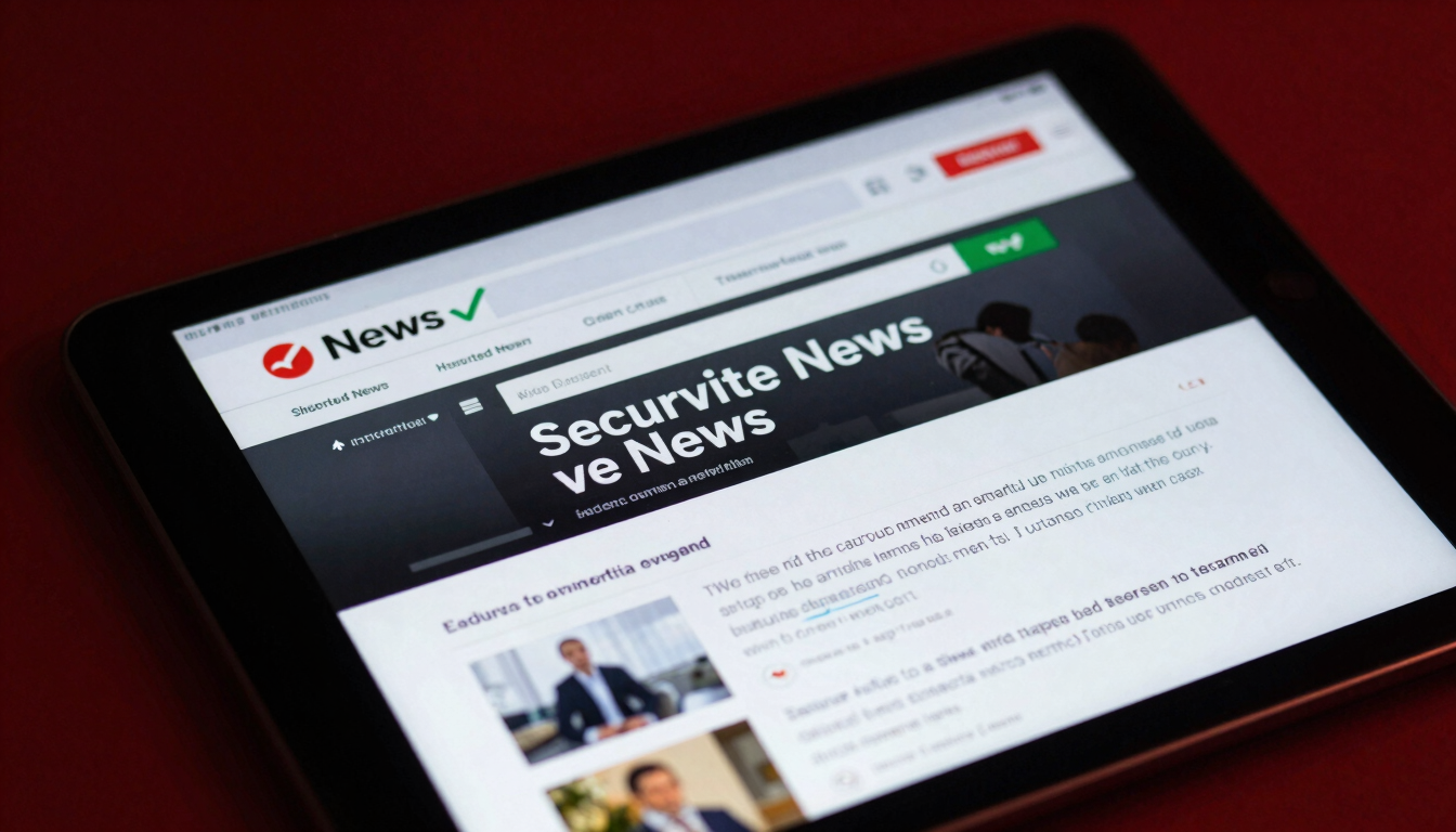 Tight macro shot of a tablet displaying a secure, verified digital news feed, high-contrast studio lighting, deep crimson accents