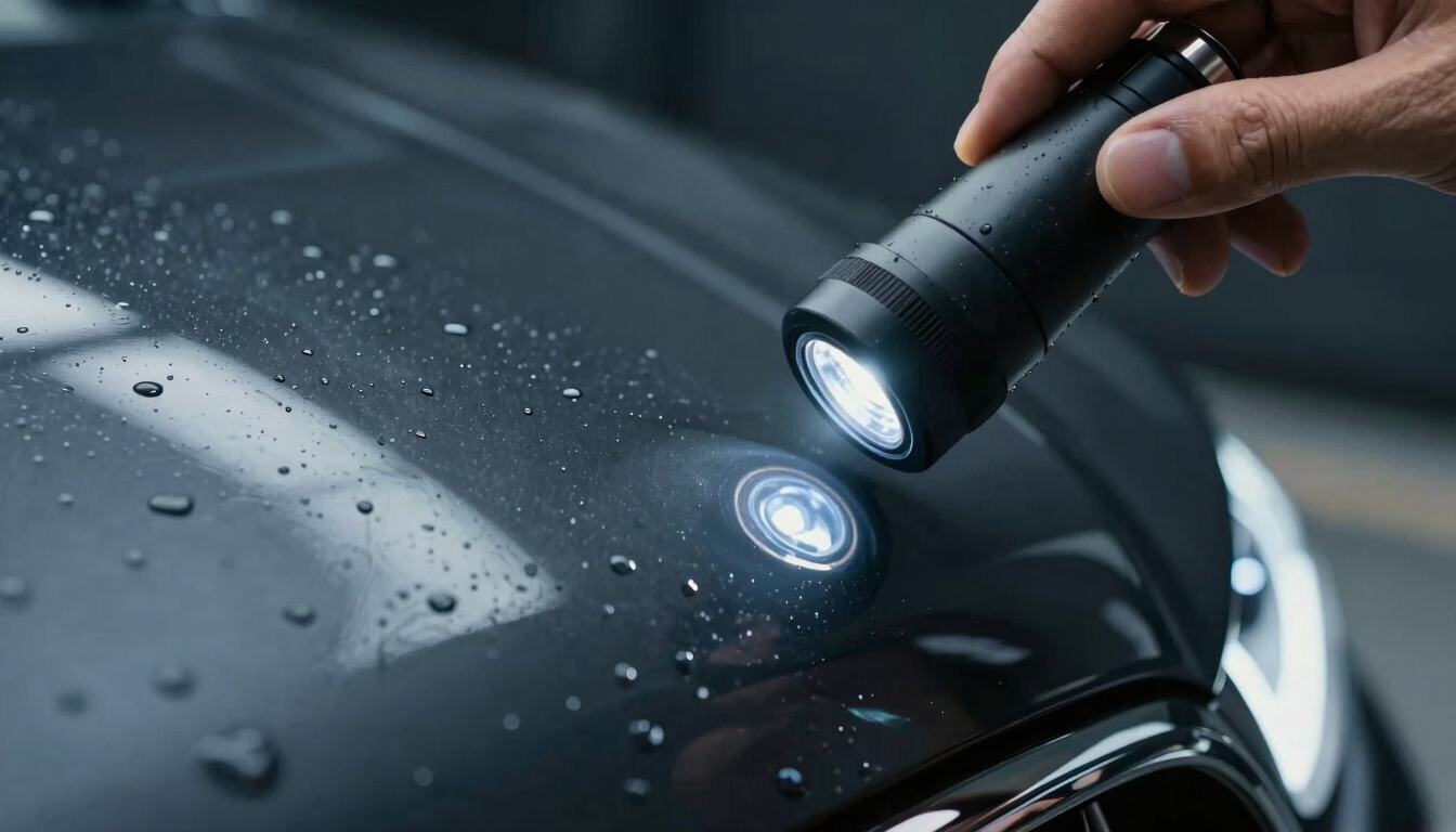 Macro close-up of a hand applying ceramic coating to a glossy black hood under sharp LED inspection lights, water beading visible, 35mm