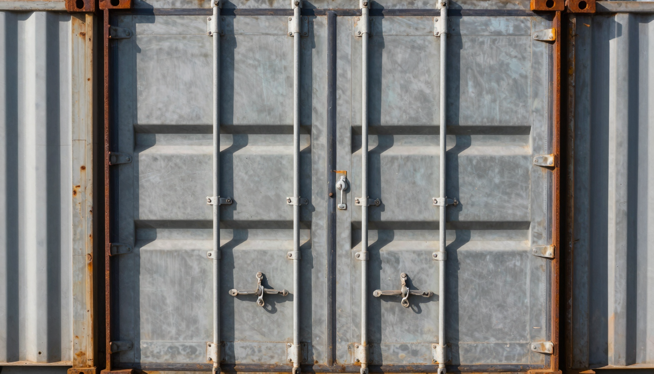 Straight-on architectural detail of a heavy Corten steel container door with locking bars and corner castings, high-contrast afternoon sun, cool steel tones, sharp focus.