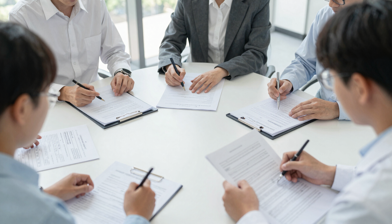A collaborative academic roundtable with researchers analyzing printed data sheets, bright natural daylight, cool desaturated tones, professional setting.