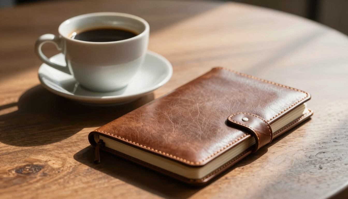 An elegant environmental close-up of a ceramic coffee cup and a closed leather notebook resting on a wooden table, with soft afternoon shadows cast across the surface.