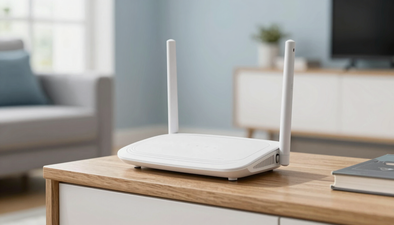 A modern sleek white broadband router sitting on a wooden shelf in a bright British living room, soft daylight, shallow depth of field