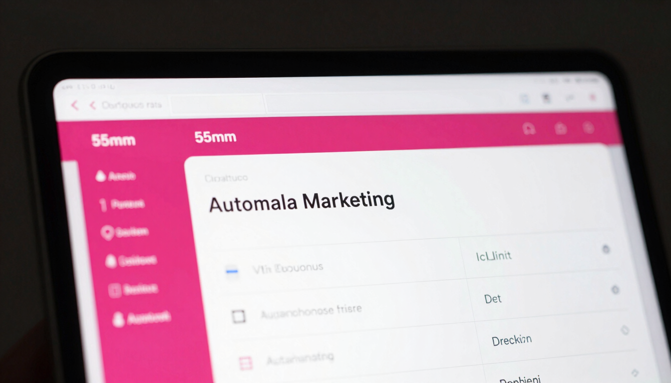 Minimalist tech photography, close-up on a tablet displaying clean automated marketing dashboards, vibrant fuchsia accents, 35mm