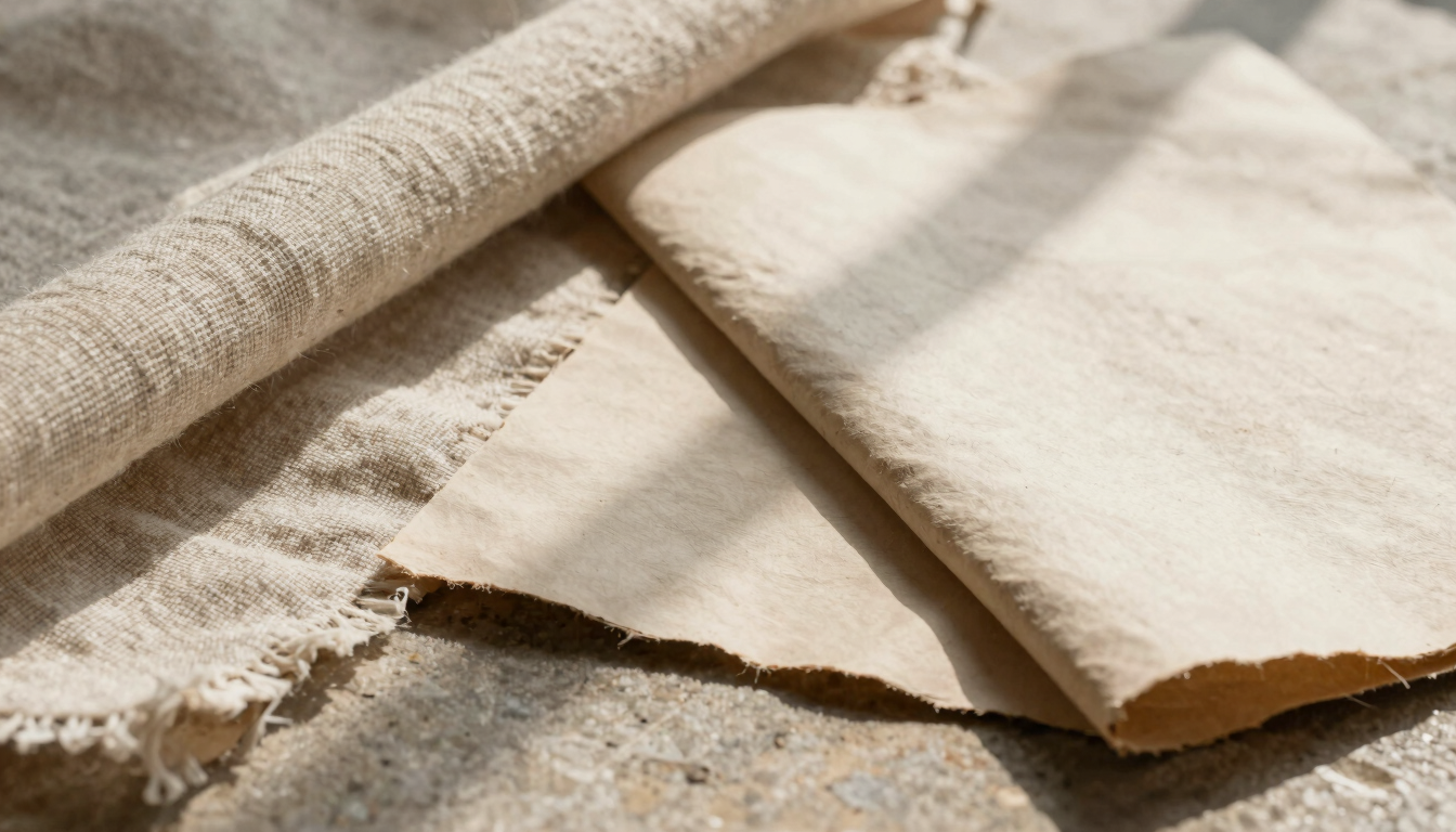 Close-up of high-quality natural linen fabric and heavy handmade paper resting on a stone surface, warm directional daylight, architectural shadows.