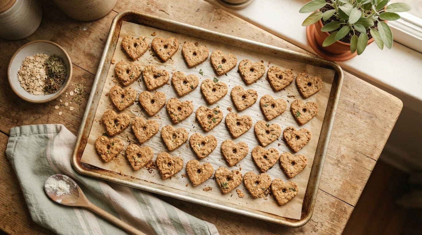 Overhead flat-lay of rustic, heart-shaped dog biscuits on a baking sheet, warm natural window light, soft terracotta and sage tones, shallow depth of field.