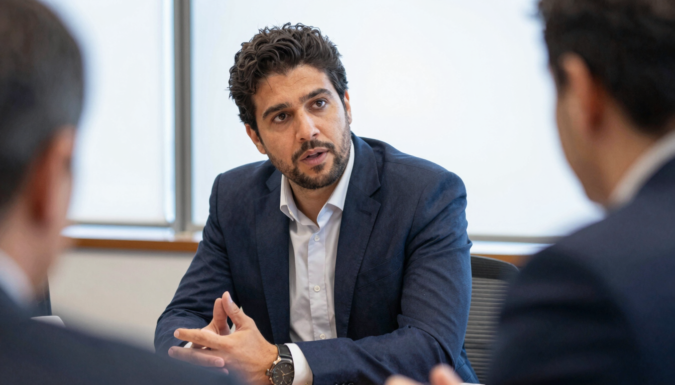 A close-up of Daniel Amorim in deep discussion with executives around a wooden table, crisp daylight, corporate editorial photography