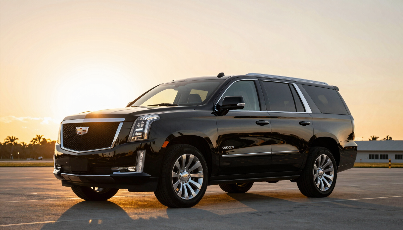 A pristine black Cadillac Escalade parked on a private airport tarmac in Miami under dramatic sunset lighting, warm golden hour glow, high-contrast reflections on polished black paint.