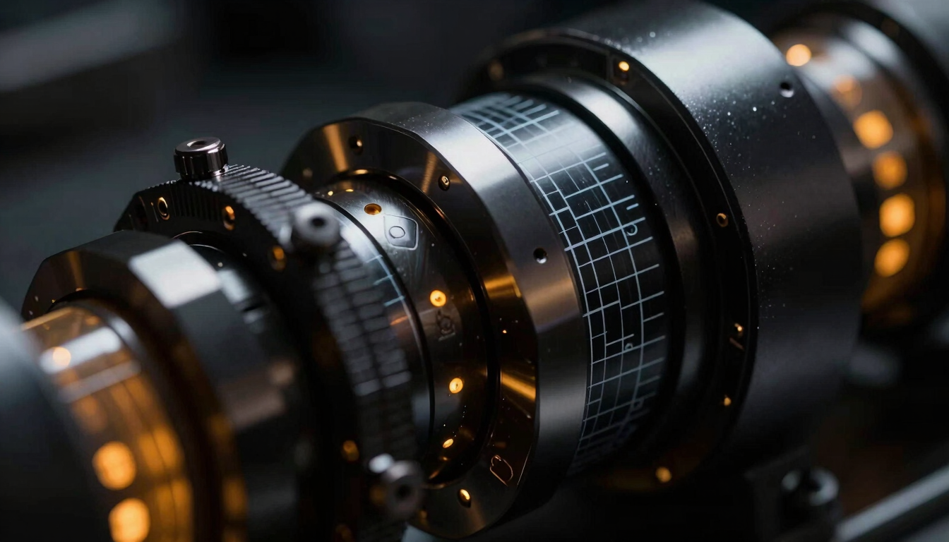 Macro technical close-up of high-precision aerospace components, stark key lighting, deep shadows, amber indicator lights, blueprint overlay lines