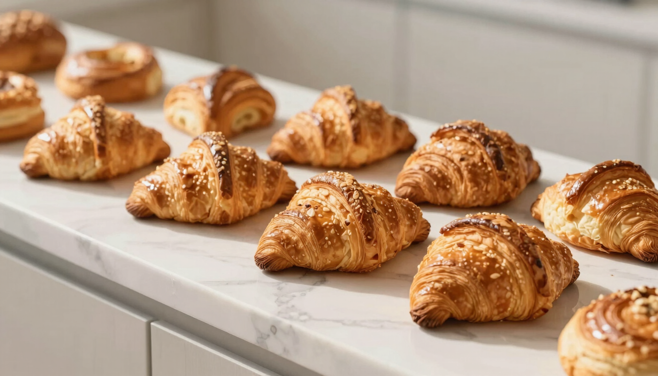 Flaky golden-brown croissants and fresh pastries arranged neatly on a light marble counter, soft morning sun casting gentle shadows