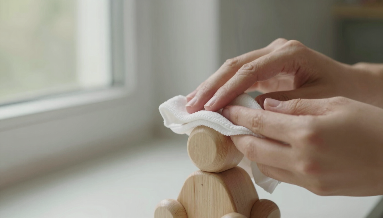 Close-up of hands gently wiping a minimalist wooden toy with a soft cloth, warm morning light, shallow depth of field, 35mm