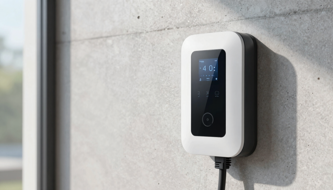 Close-up of a neatly wired smart home control panel and an EV charger mounted on a clean concrete wall, crisp technical details, bright natural daylight, 35mm lens