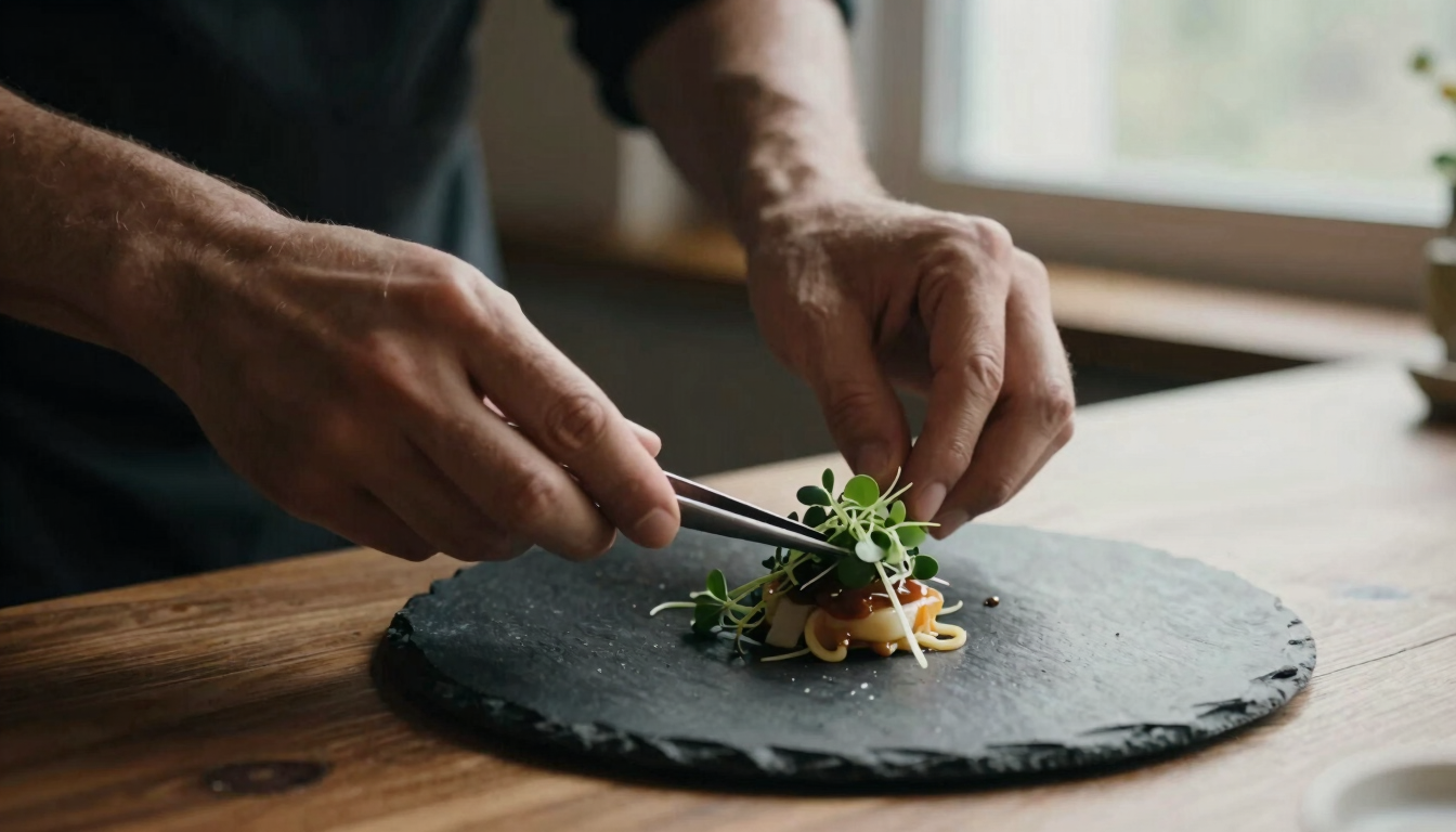 Close-up of chef's hands carefully plating a delicate dish with tweezers, fresh microgreens, dark slate plate, soft side window light, moody shadows, 35mm film