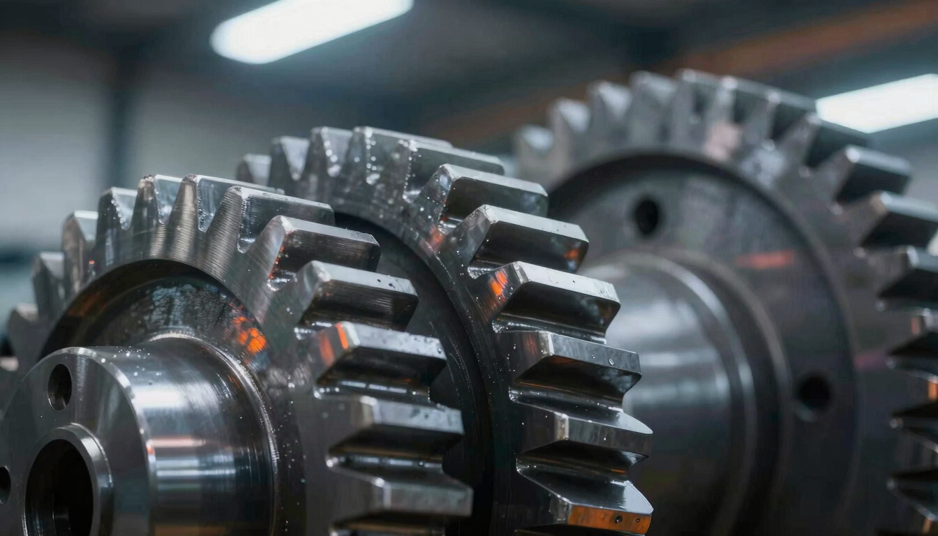 Macro close-up of heavy industrial steel gears, clean metallic textures, dramatic lighting with subtle safety orange reflections, 35mm focus