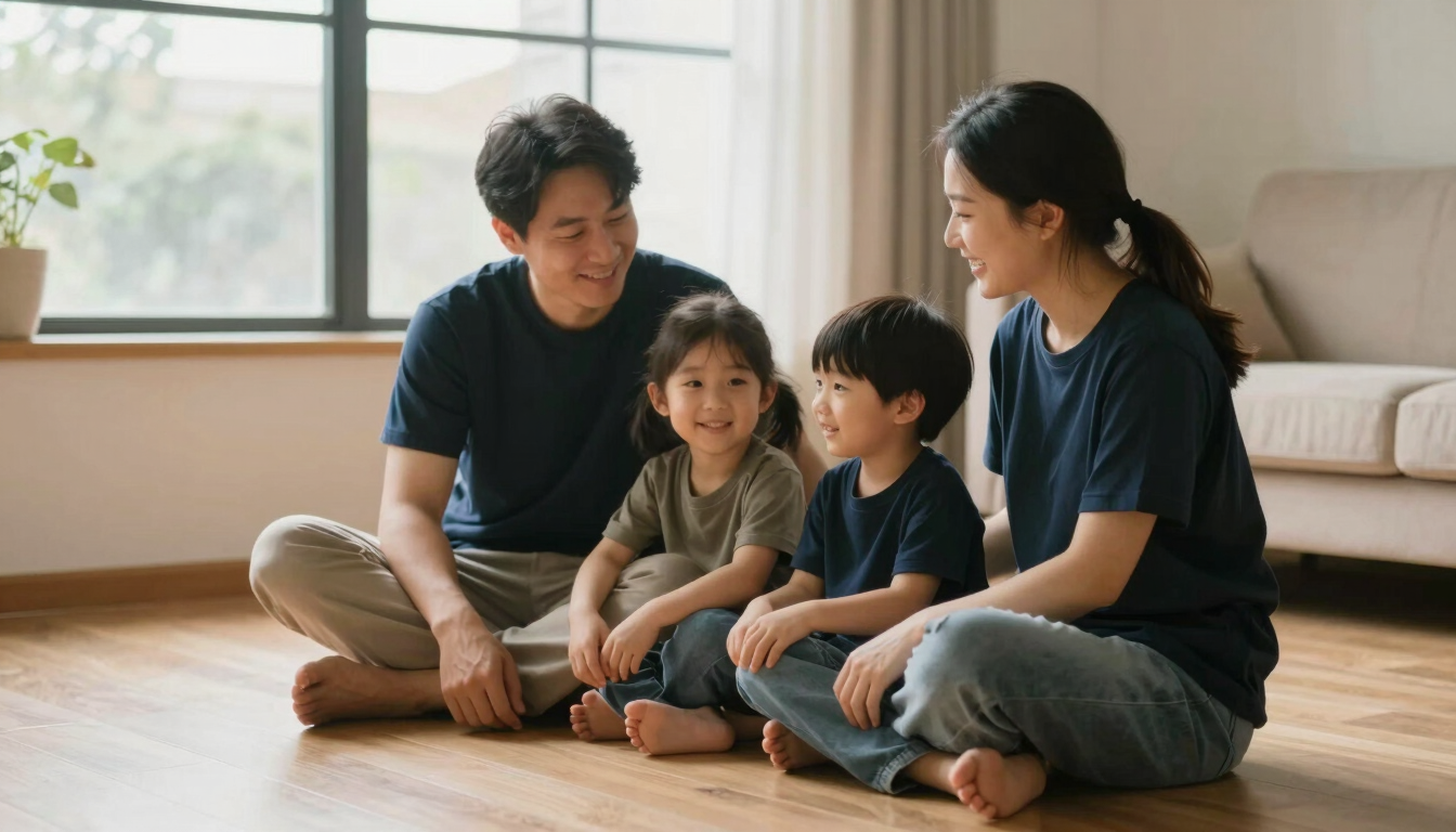 Environmental portrait of a family sitting together on a warm, sunlit living room floor, soft natural light from a window, peaceful atmosphere