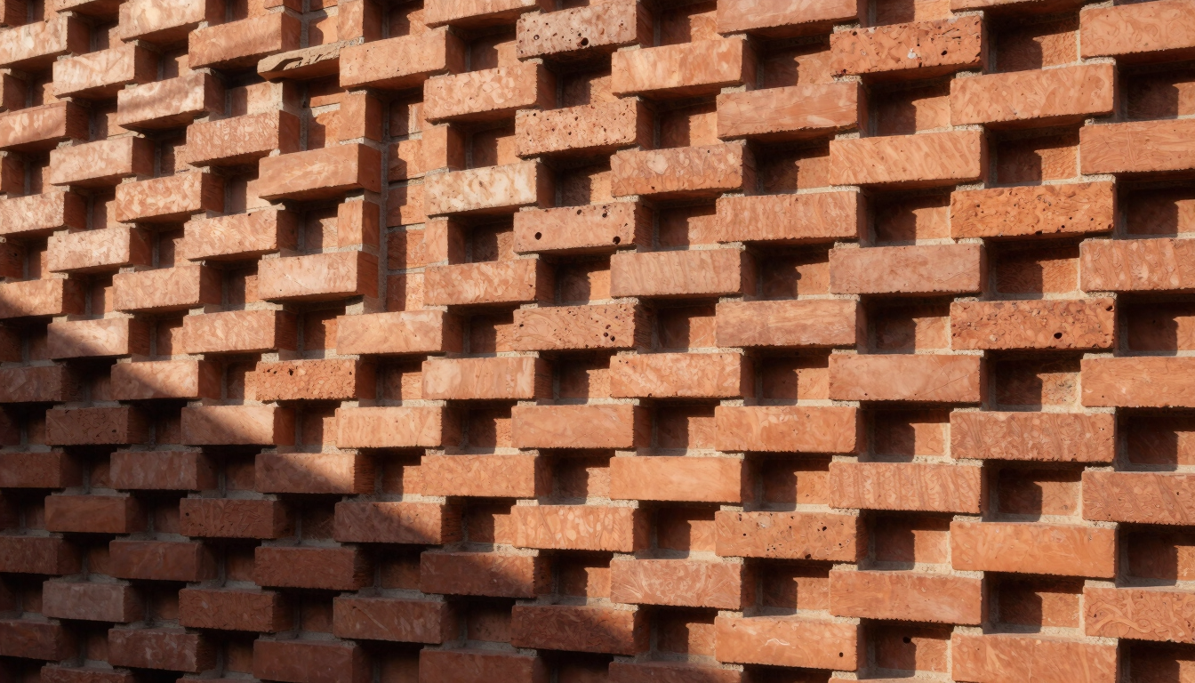 Tactile architectural close-up of a modern brick facade, structural terracotta blocks aligned in a clean geometric pattern, soft morning sunlight casting long shadows.