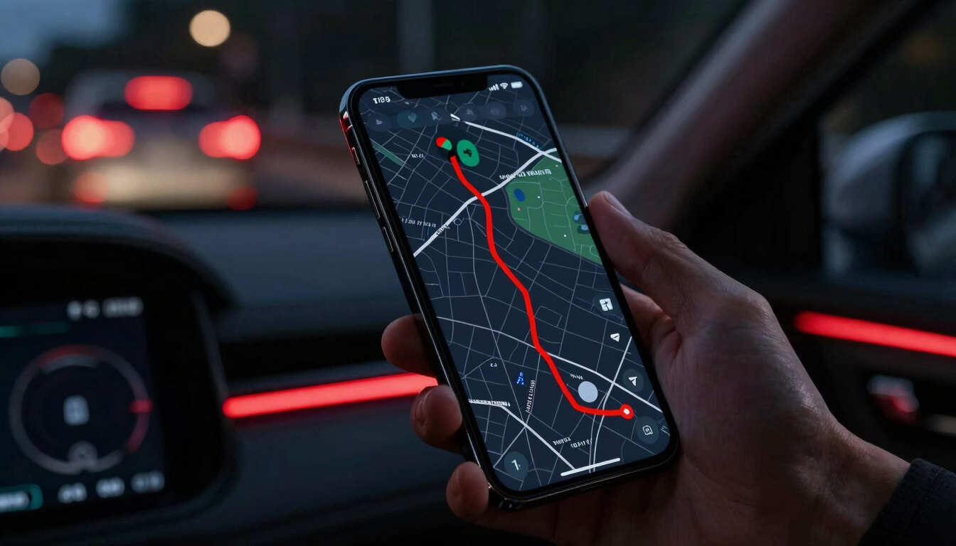 Sleek modern smartphone displaying a dark GPS tracking map with a red route line, held by a driver inside a car at night, dashboard lights blurred in the background.