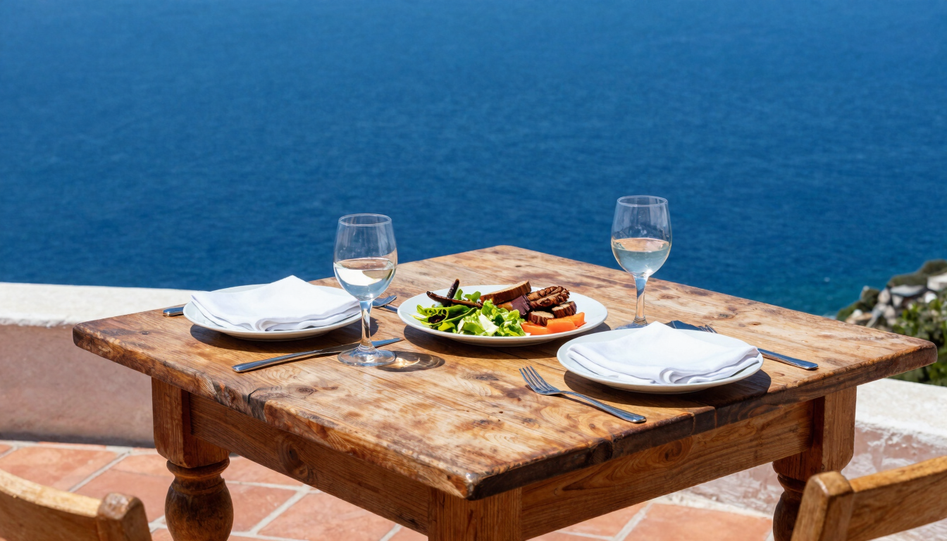 Vibrant close-up of a rustic wooden table set for lunch on a cliffside overlooking the deep blue sea, sun-baked terracotta tiles, bright daylight, crisp 35mm