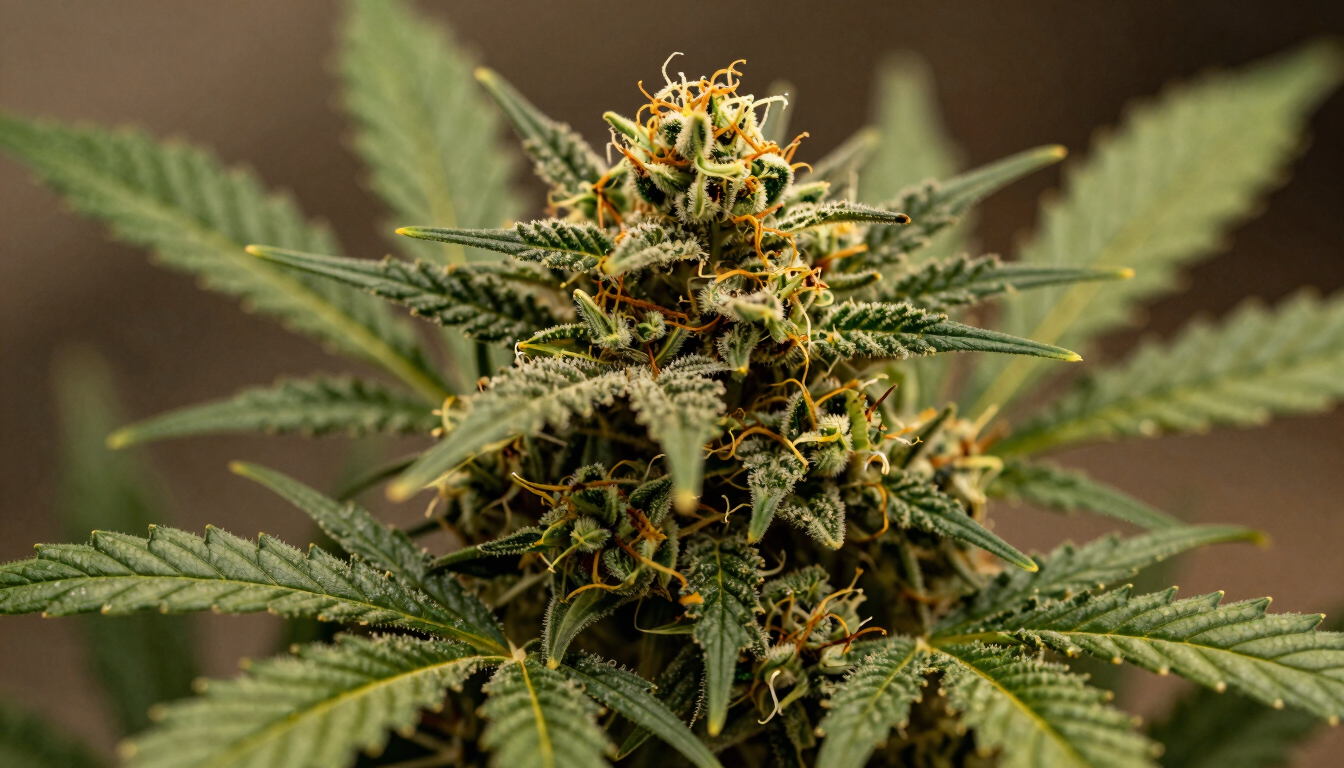 A macro product shot of rich green cannabis flower showing natural trichomes, warm ambient lighting.