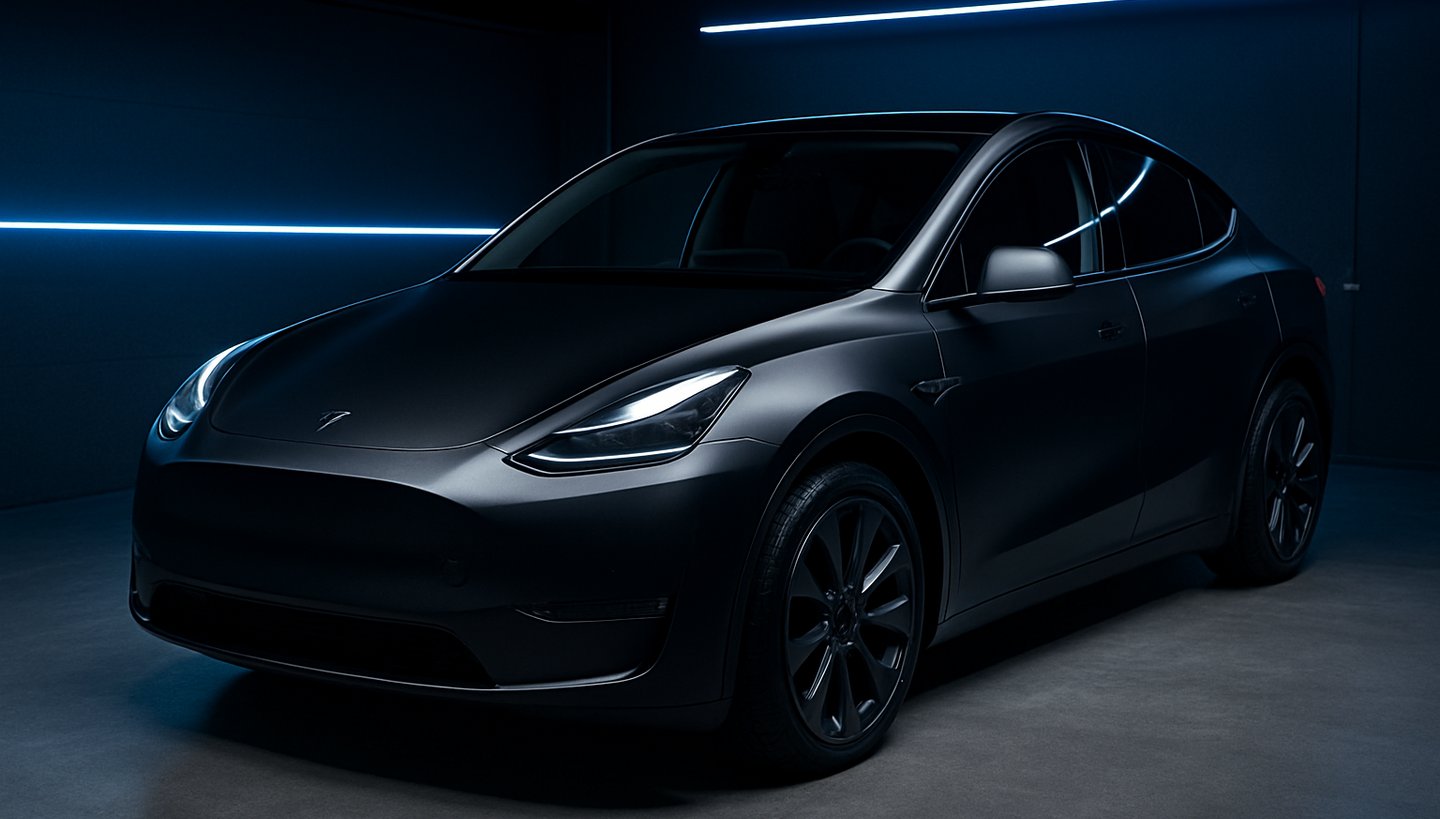 A pristine Tesla Model Y with flawless matte paint protection film, parked in a clean modern garage with electric blue accent lighting.