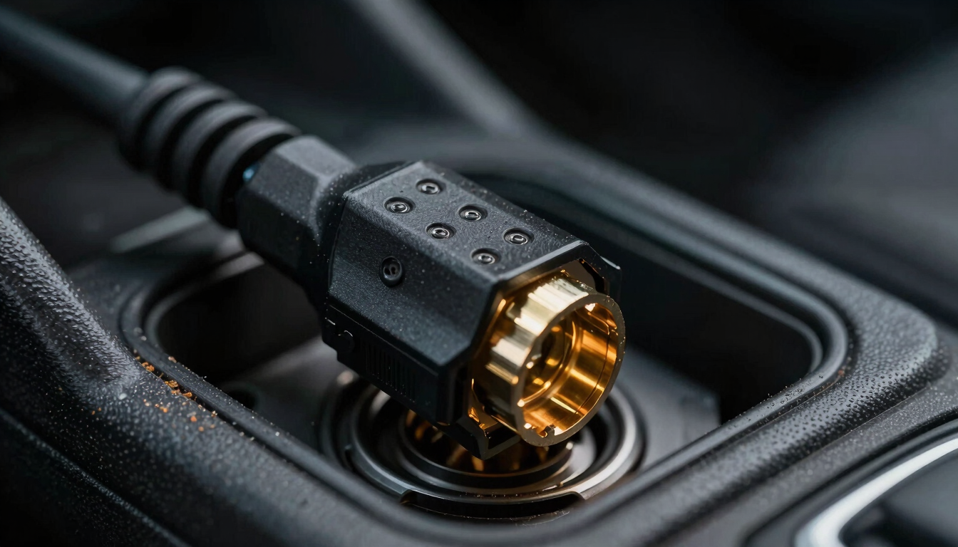 Macro shot of a black 9-pin diagnostic connector being plugged into a truck's dashboard port, harsh direct lighting, road dust visible on the plastic housing.