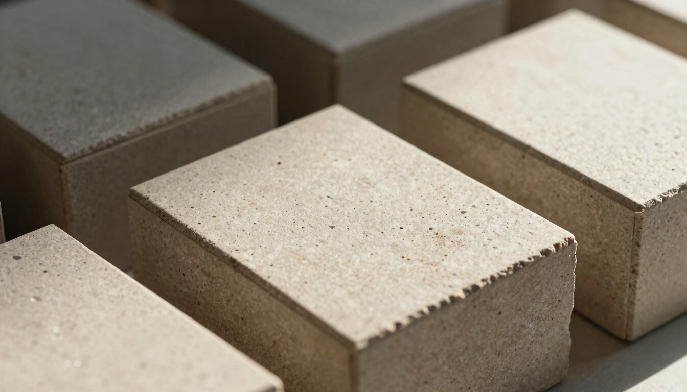 Extreme close-up of custom debossed packaging boxes on raw stone, showcasing material grain, warm low-contrast afternoon sun, soft shadows.