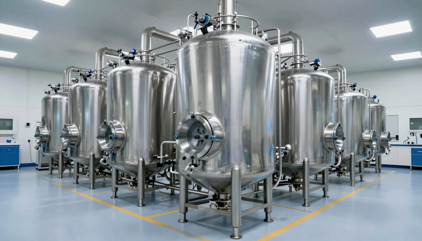Wide panoramic shot of a modern, clinical pharmaceutical manufacturing plant in Noida, featuring polished stainless steel extraction tanks and immaculate flooring.
